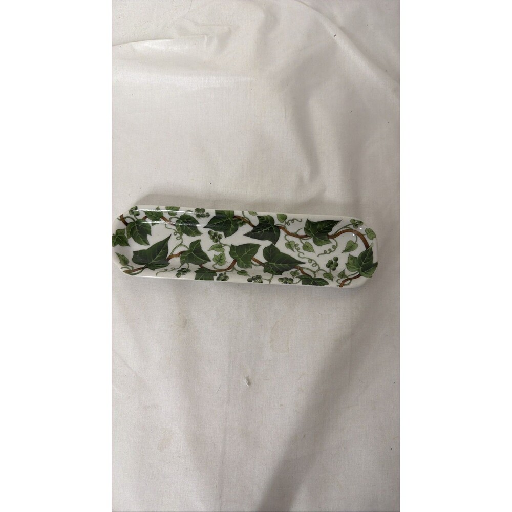 Porcelain Serving Tray Rectang Dish Green Ivy Vine Pattern 9 x 2” Neiman Marcus